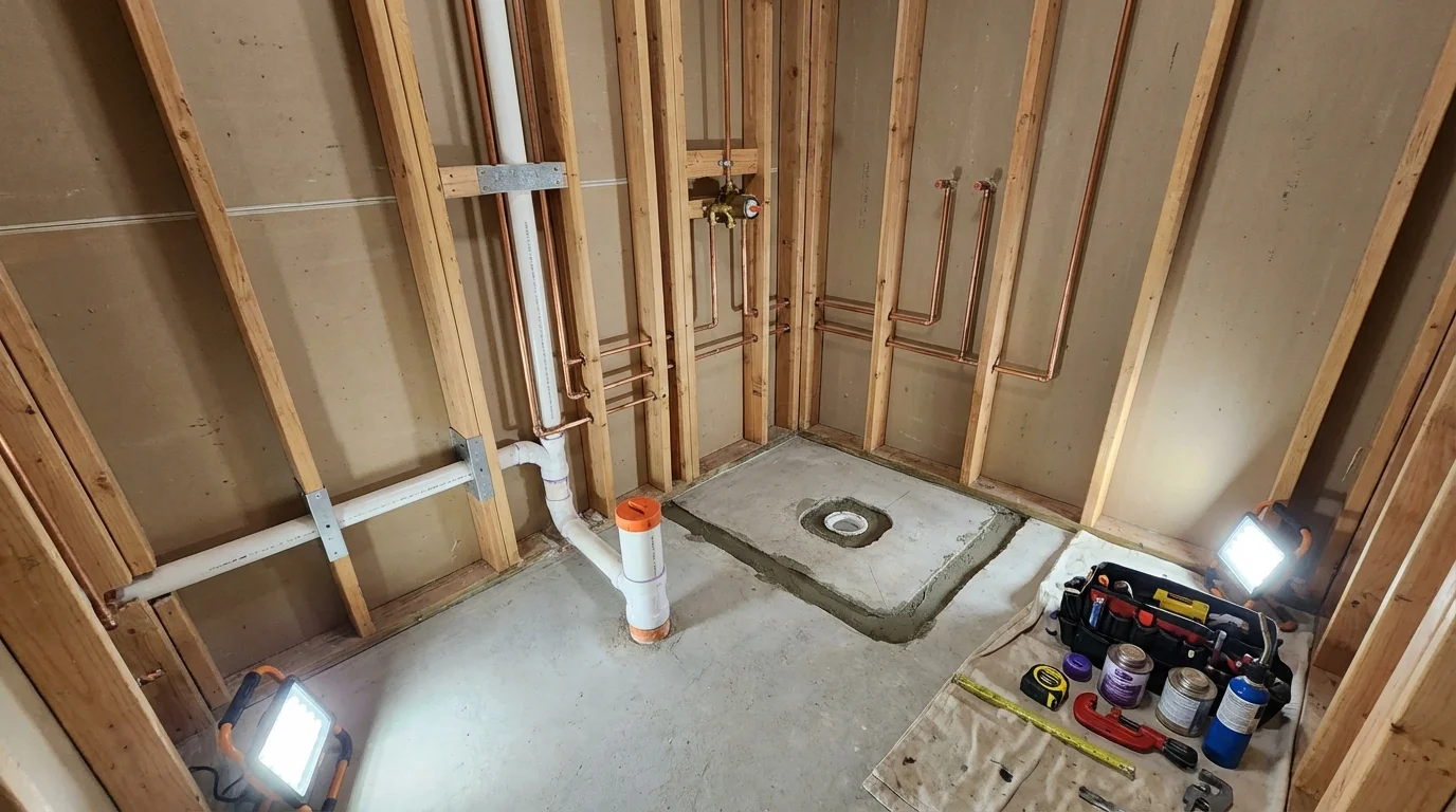 Bathroom rough-in plumbing during remodel by Johns Plumbing LLC in Jackson Heights