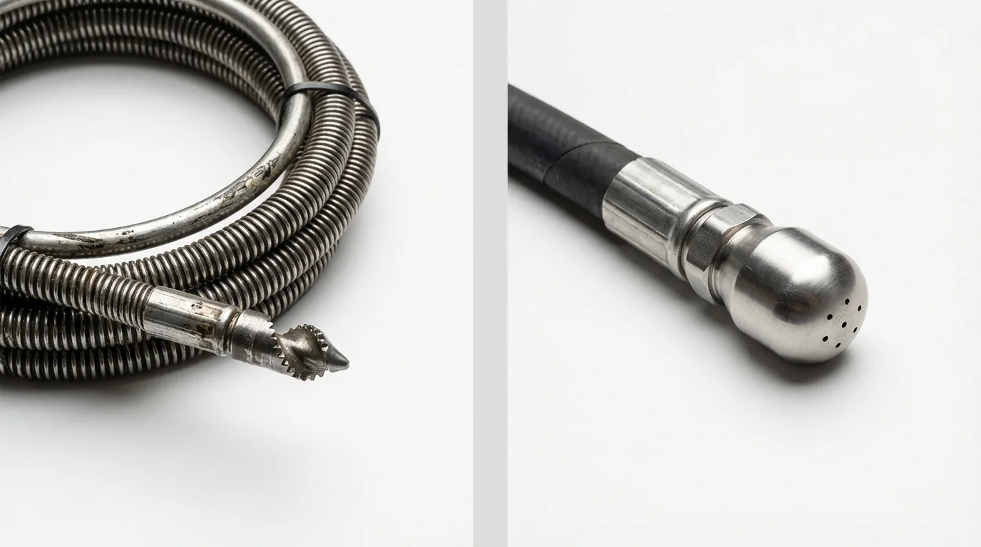Drain snake cable and hydro jetting nozzle used for drain cleaning in Jackson Heights, NY
