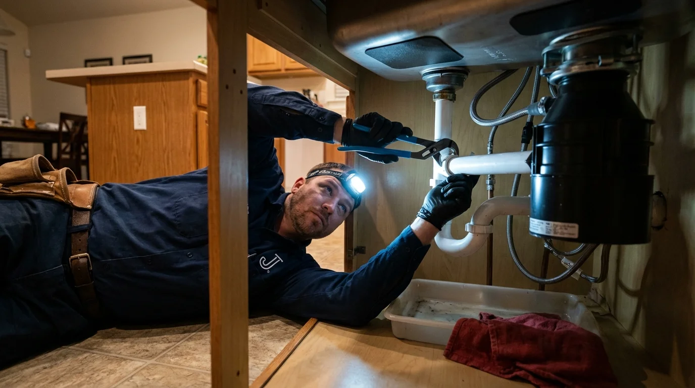 P-trap and supply line connections under a kitchen sink showing a common leak point in Jackson Heights, NY